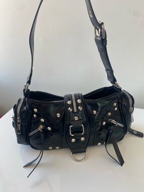 Small black and silver New Y2K style vegan leather moto baguette